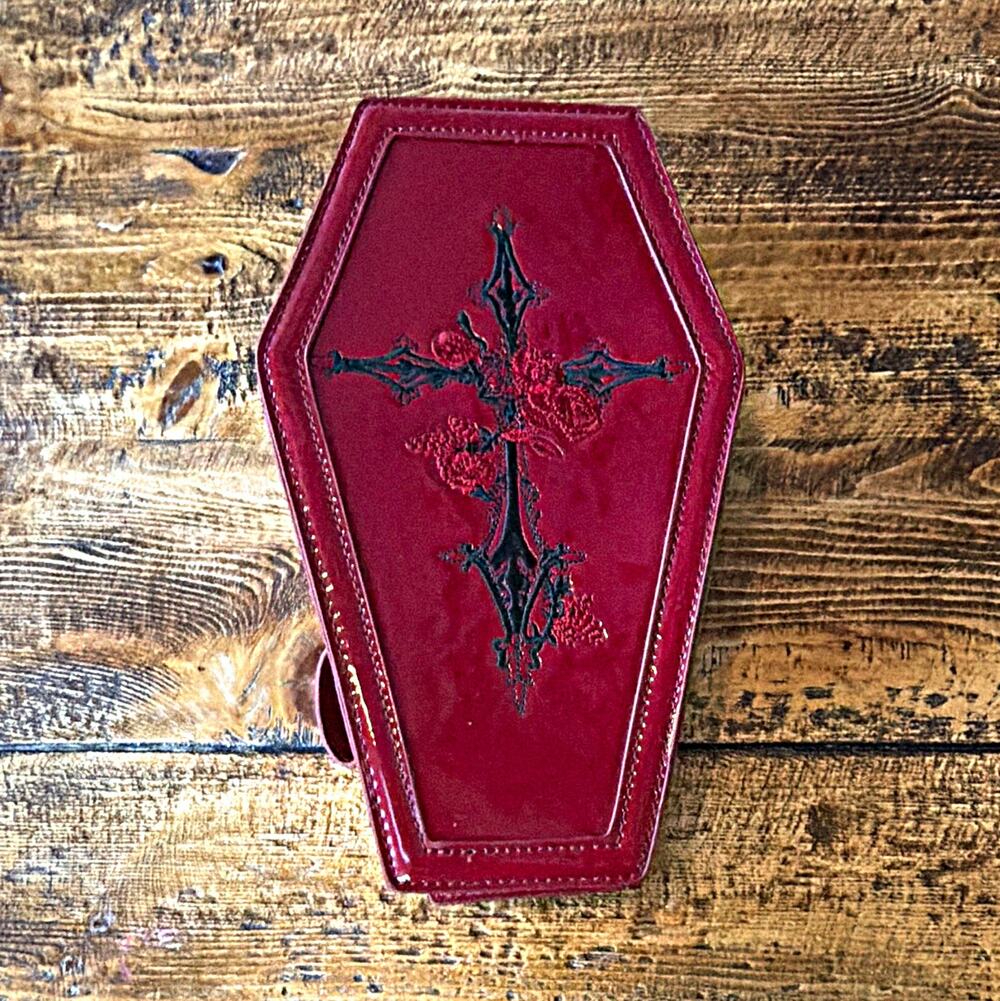 Red Coffin-Shaped Faux Leather Zipper Makeup Bag Case with Cross Design